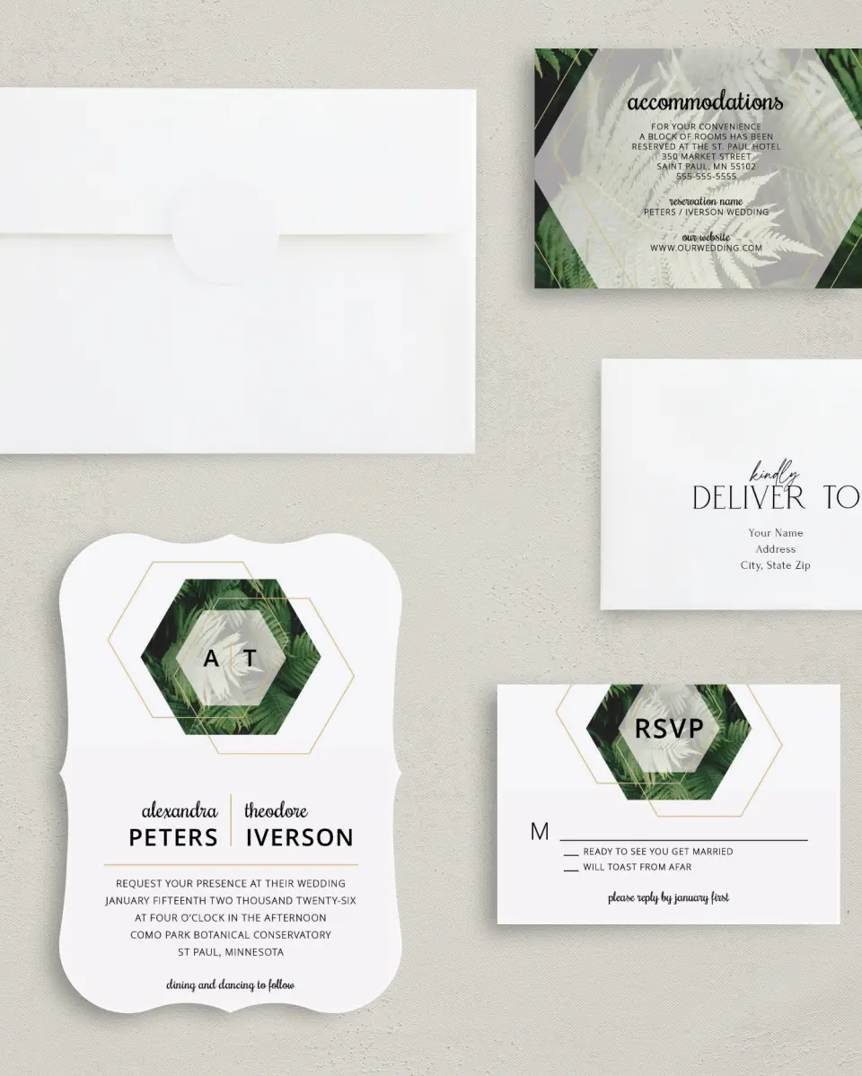 This is a 5" x 7" Bracket Wedding Invitation called Geometric Garden printed in full color with Silver foil on Luxe Satin (coated) paper