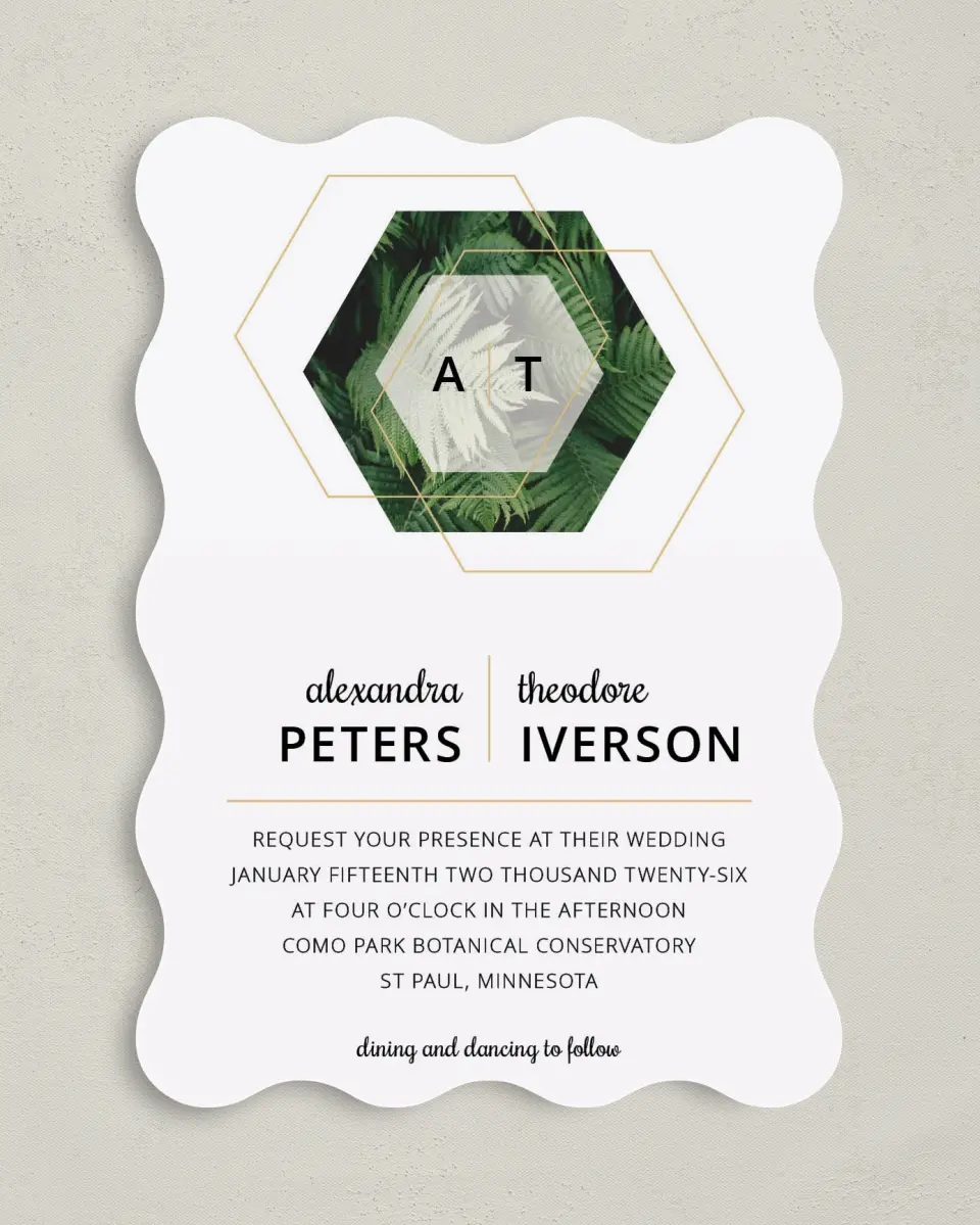This is a 5" x 7" Wavy Wedding Invitation called Geometric Garden printed in full color on Premium Smooth paper
