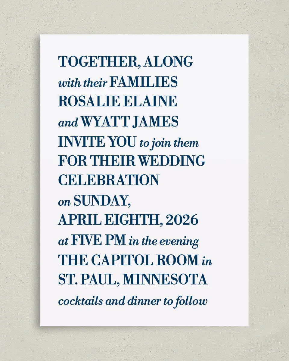 This is a 5" x 7" Classic Wedding Invitation called Chic Editorial printed in full color on Premium Smooth paper