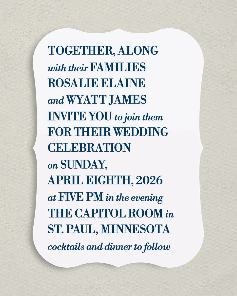 This is a 5" x 7" Bracket Wedding Invitation called Chic Editorial printed in full color with Silver foil on Luxe Satin (coated) paper