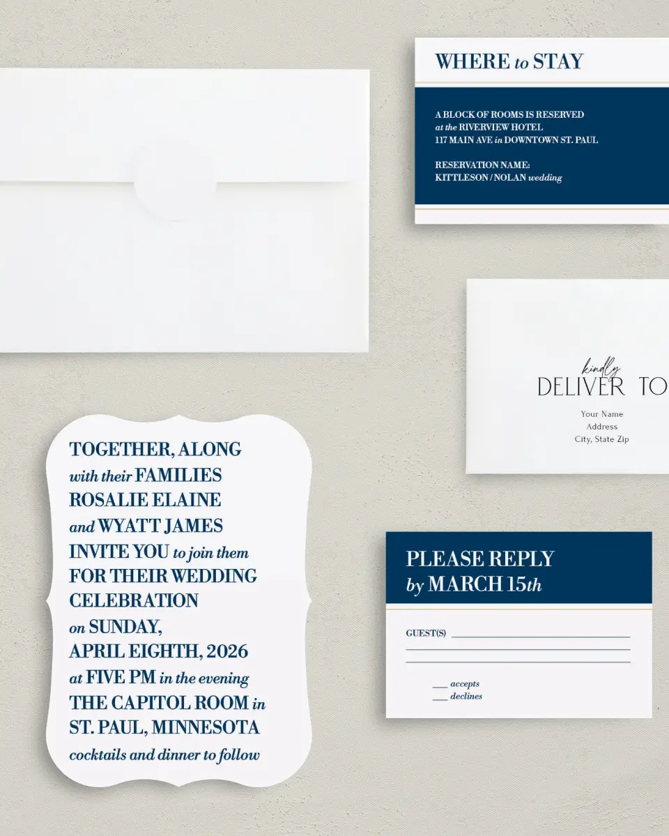 This is a 5" x 7" Bracket Wedding Invitation called Chic Editorial printed in full color with Silver foil on Luxe Satin (coated) paper