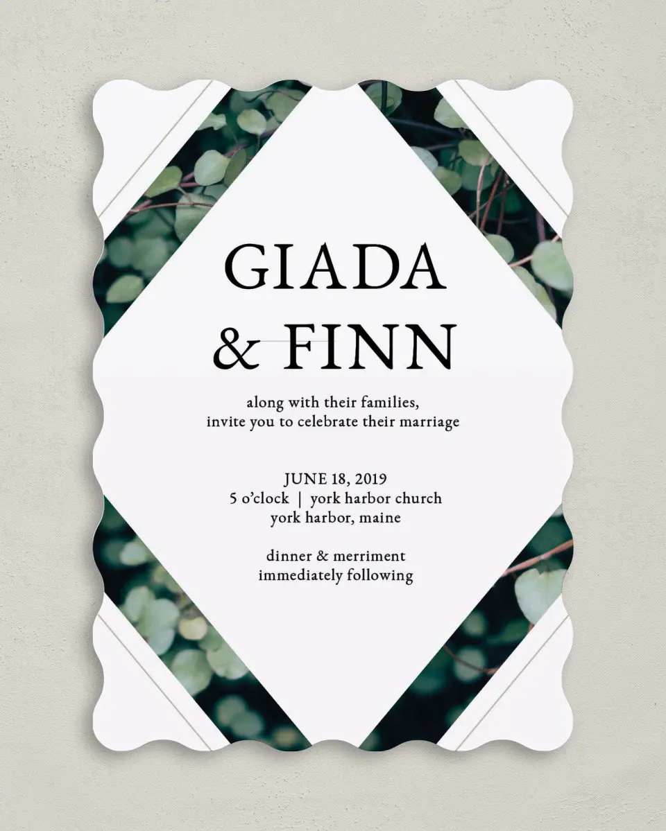 This is a 5" x 7" Wavy Wedding Invitation called Vogue Vineyard printed in full color on Premium Smooth paper