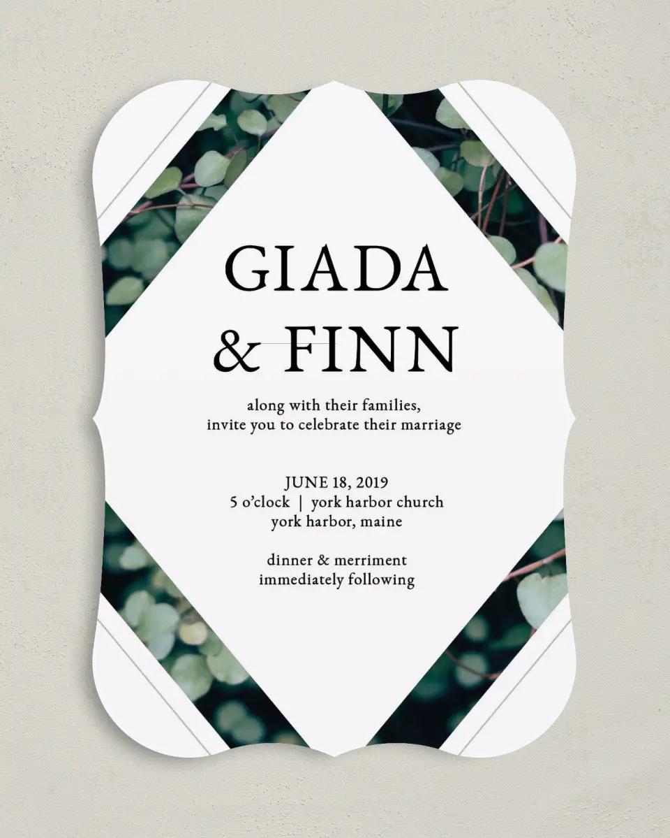 This is a 5" x 7" Bracket Wedding Invitation called Vogue Vineyard printed in full color with Silver foil on Luxe Satin (coated) paper