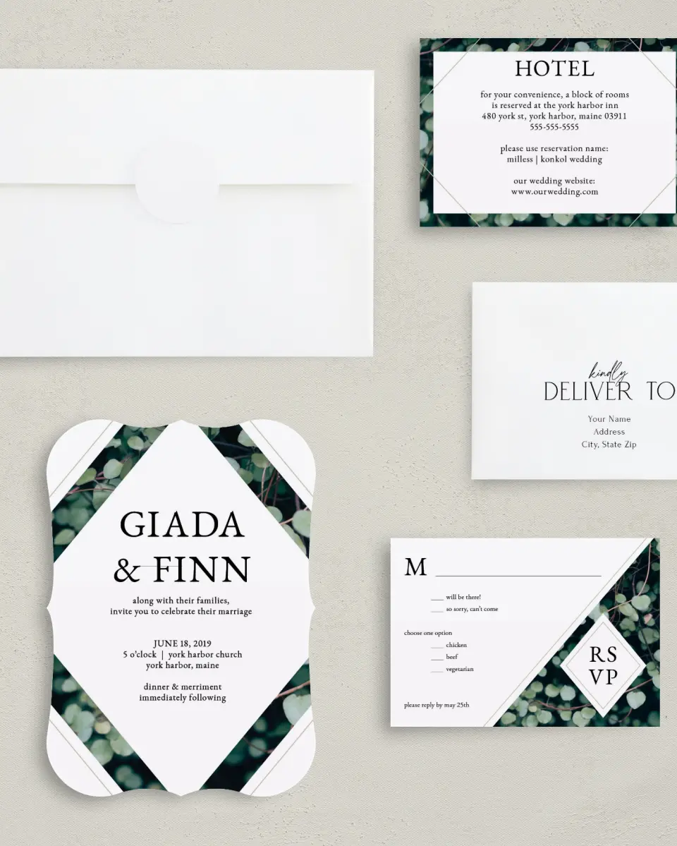 This is a 5" x 7" Bracket Wedding Invitation called Vogue Vineyard printed in full color with Silver foil on Luxe Satin (coated) paper