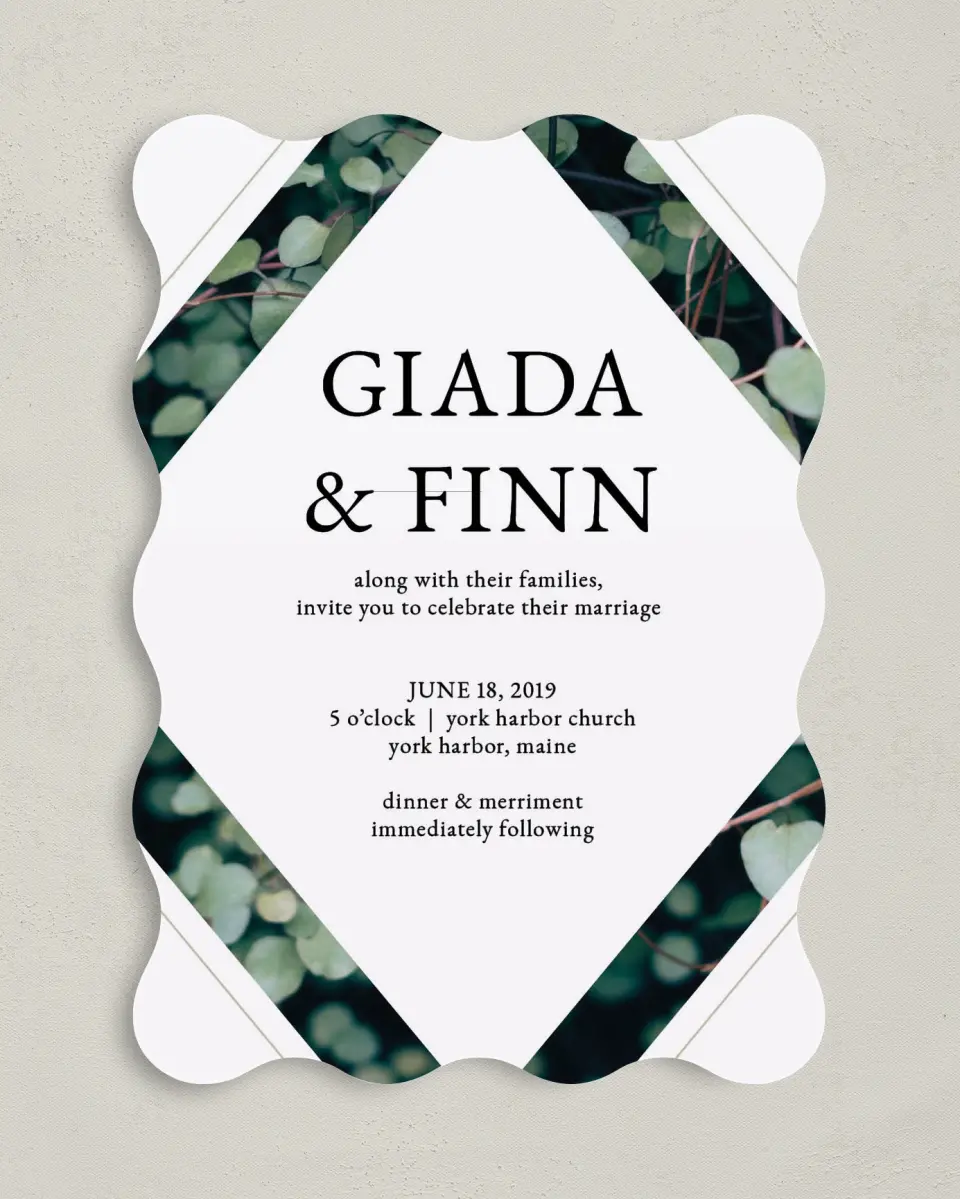 This is a 5" x 7" Wavy Wedding Invitation called Vogue Vineyard printed in full color on Premium Smooth paper