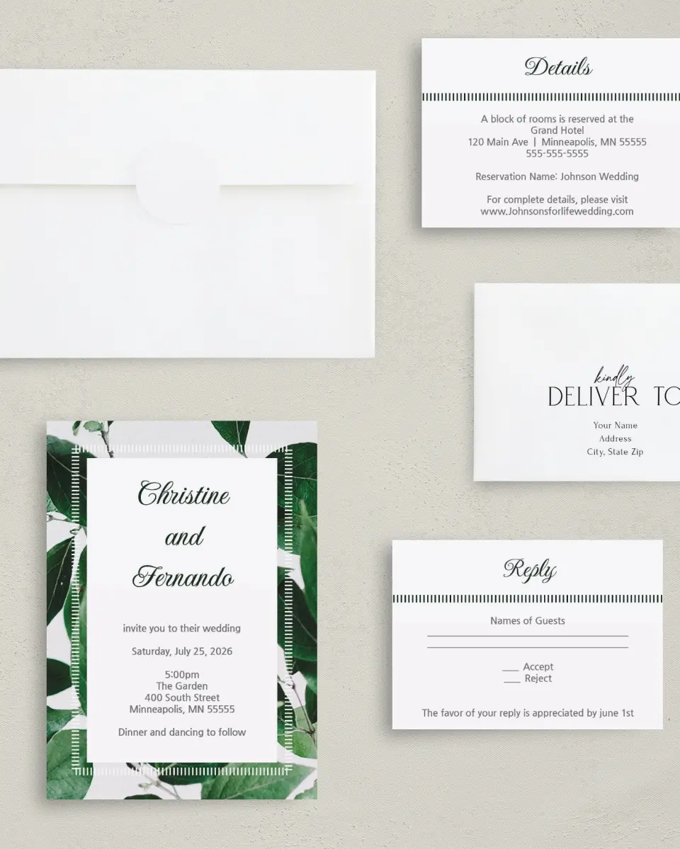This is a 5" x 7" Classic Wedding Invitation called Love Grows printed in full color with Gold foil on Luxe Satin (coated) paper