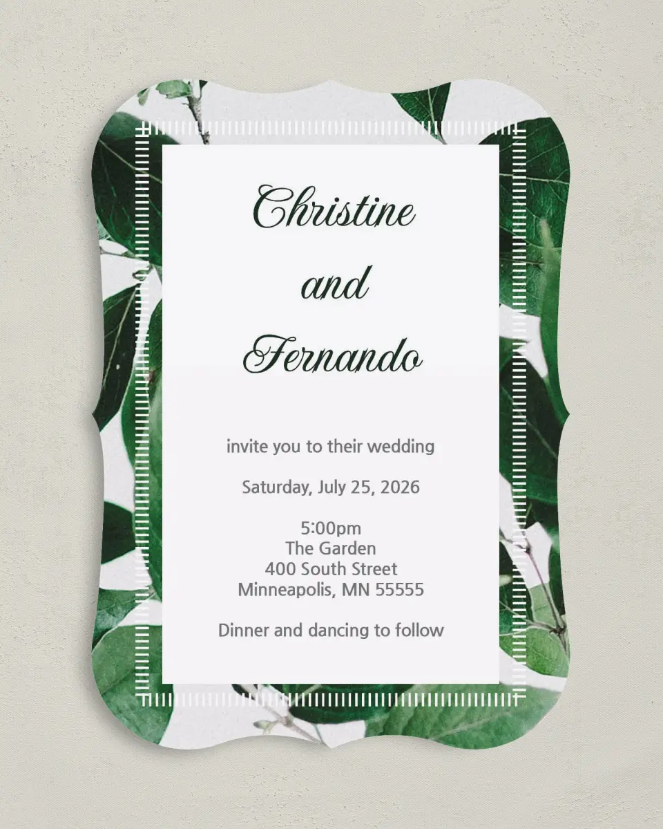 This is a 5" x 7" Bracket Wedding Invitation called Love Grows printed in full color with Silver foil on Luxe Satin (coated) paper