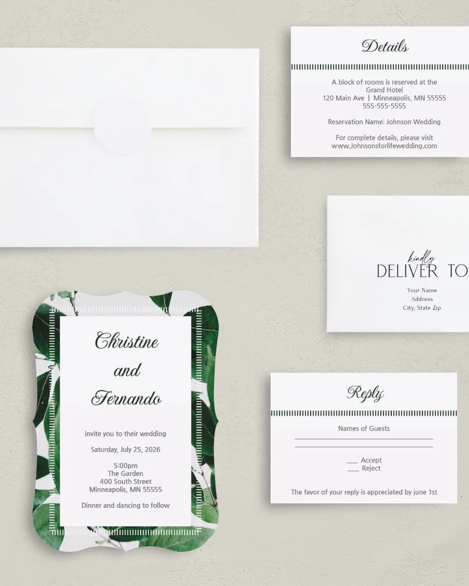 This is a 5" x 7" Bracket Wedding Invitation called Love Grows printed in full color with Silver foil on Luxe Satin (coated) paper