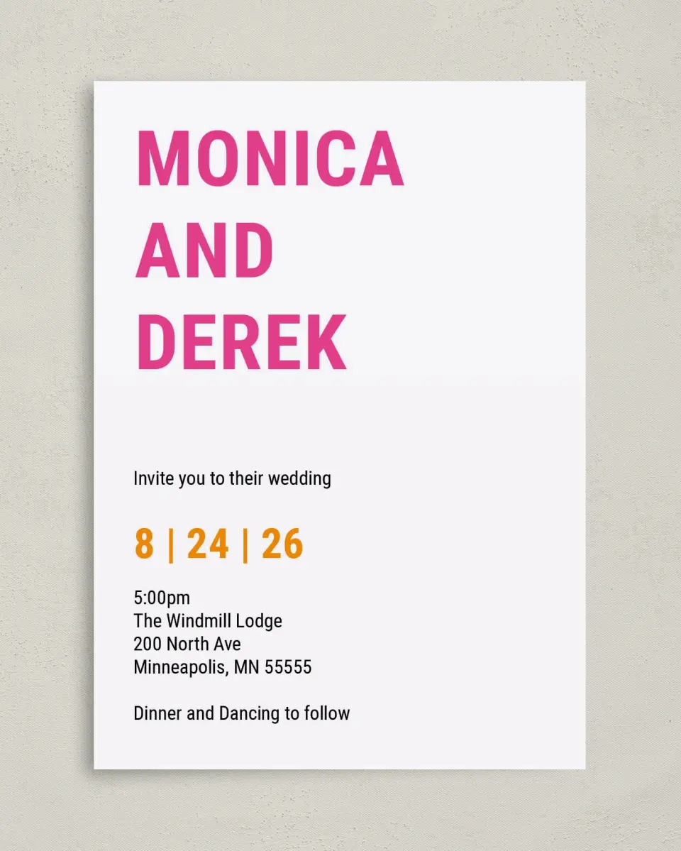 This is a 5" x 7" Classic Wedding Invitation called Neon Delight printed in full color with Gold foil on Luxe Satin (coated) paper