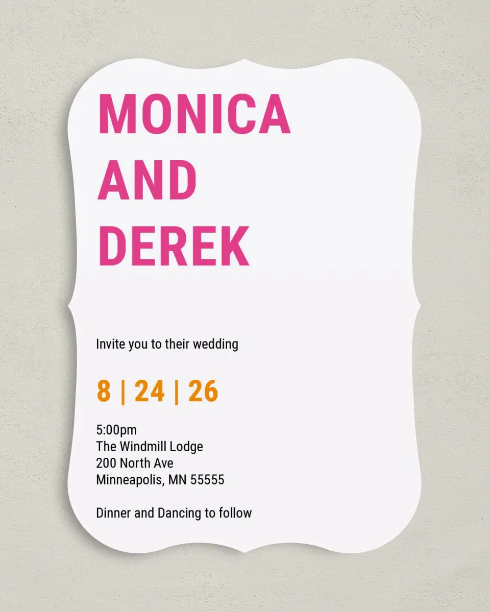 This is a 5" x 7" Bracket Wedding Invitation called Neon Delight printed in full color with Silver foil on Luxe Satin (coated) paper