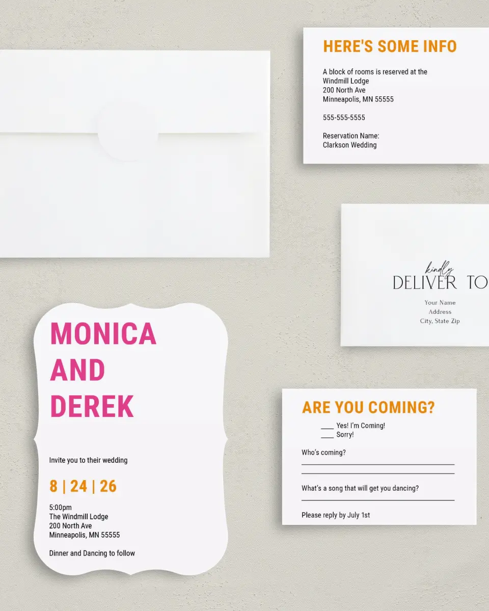 This is a 5" x 7" Bracket Wedding Invitation called Neon Delight printed in full color with Silver foil on Luxe Satin (coated) paper