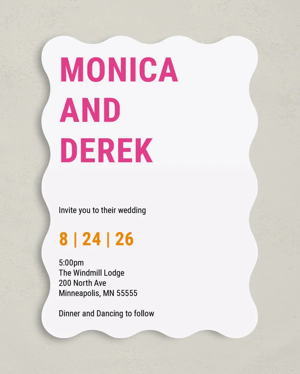 This is a 5" x 7" Wavy Wedding Invitation called Neon Delight printed in full color on Premium Smooth paper