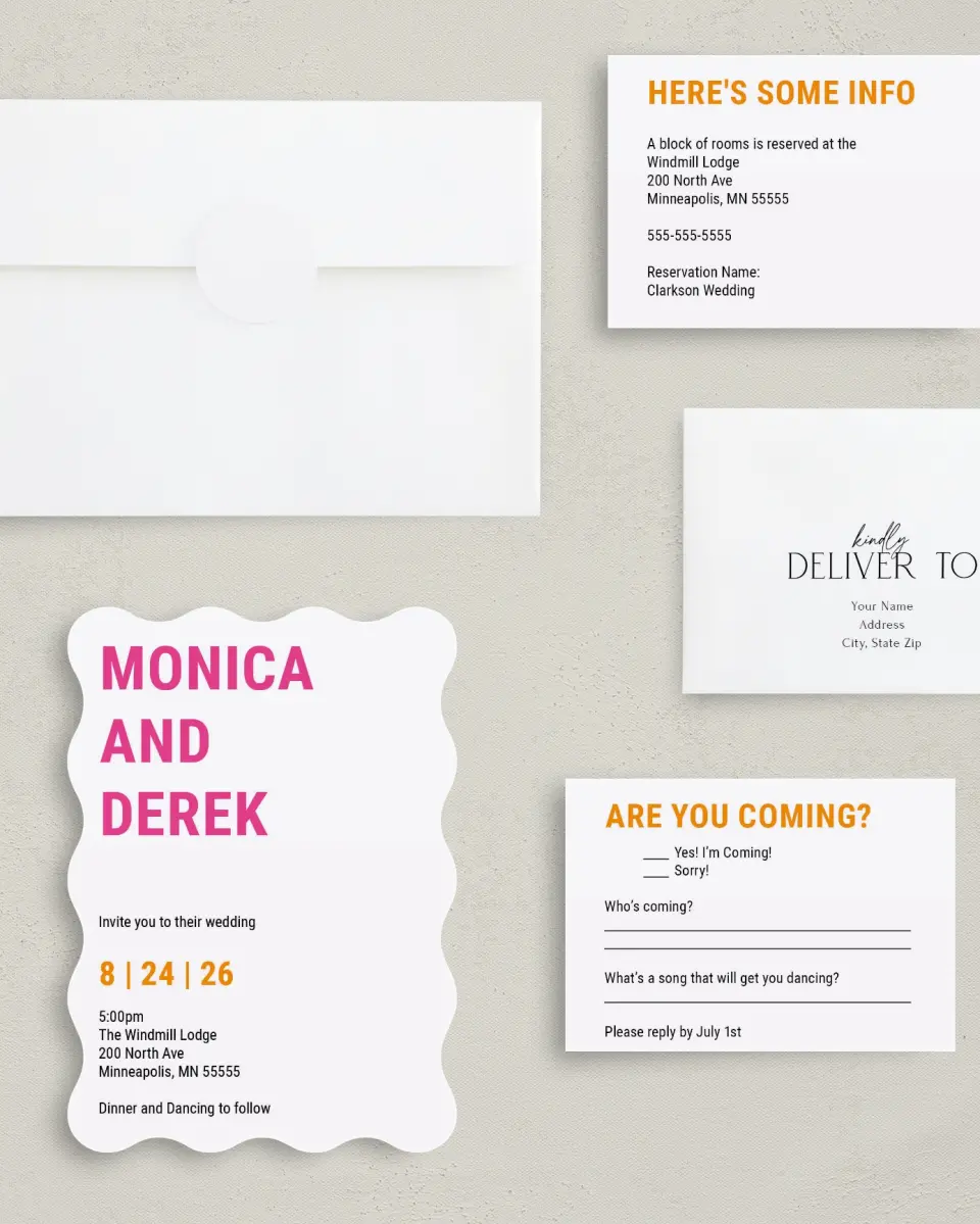 This is a 5" x 7" Wavy Wedding Invitation called Neon Delight printed in full color with Silver foil on Luxe Satin (coated) paper