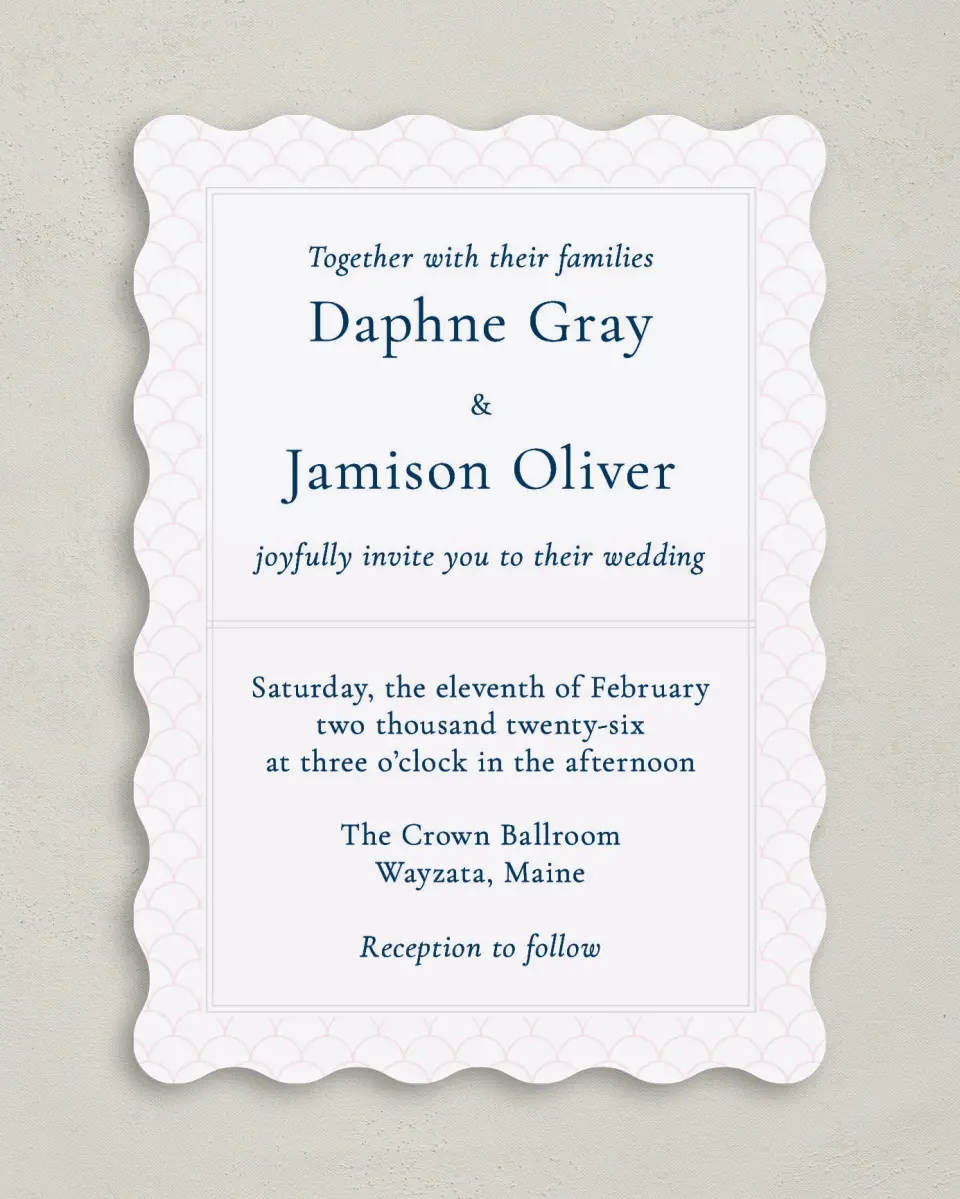 This is a 5" x 7" Wavy Wedding Invitation called Simply Scalloped printed in full color on Premium Smooth paper