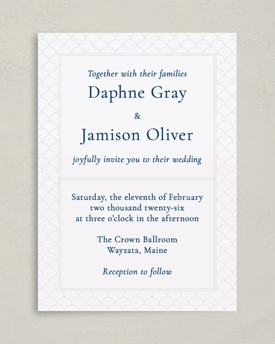 This is a 5" x 7" Classic Wedding Invitation called Simply Scalloped printed in full color on Premium Smooth paper