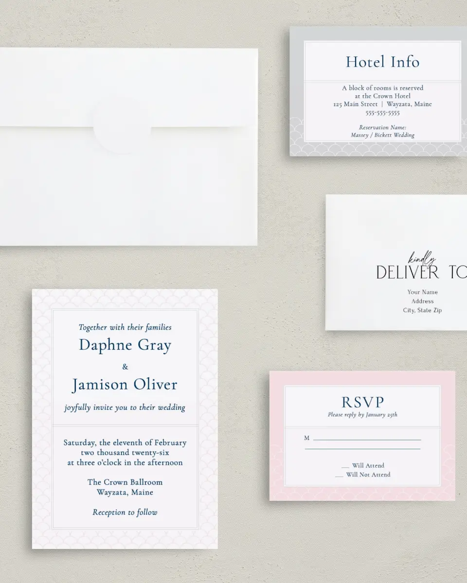 This is a 5" x 7" Classic Wedding Invitation called Simply Scalloped printed in full color with Gold foil on Luxe Satin (coated) paper