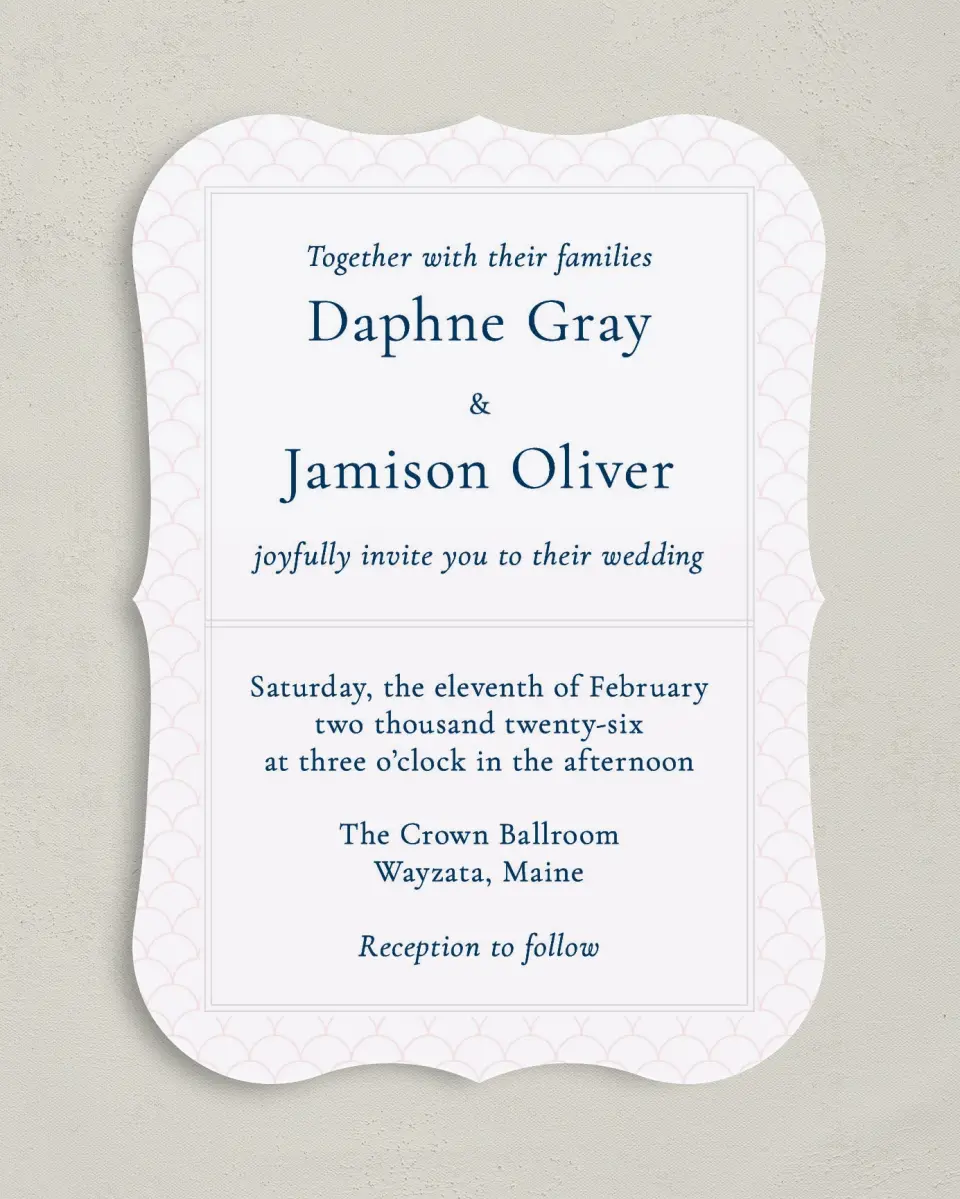 This is a 5" x 7" Bracket Wedding Invitation called Simply Scalloped printed in full color with Silver foil on Luxe Satin (coated) paper