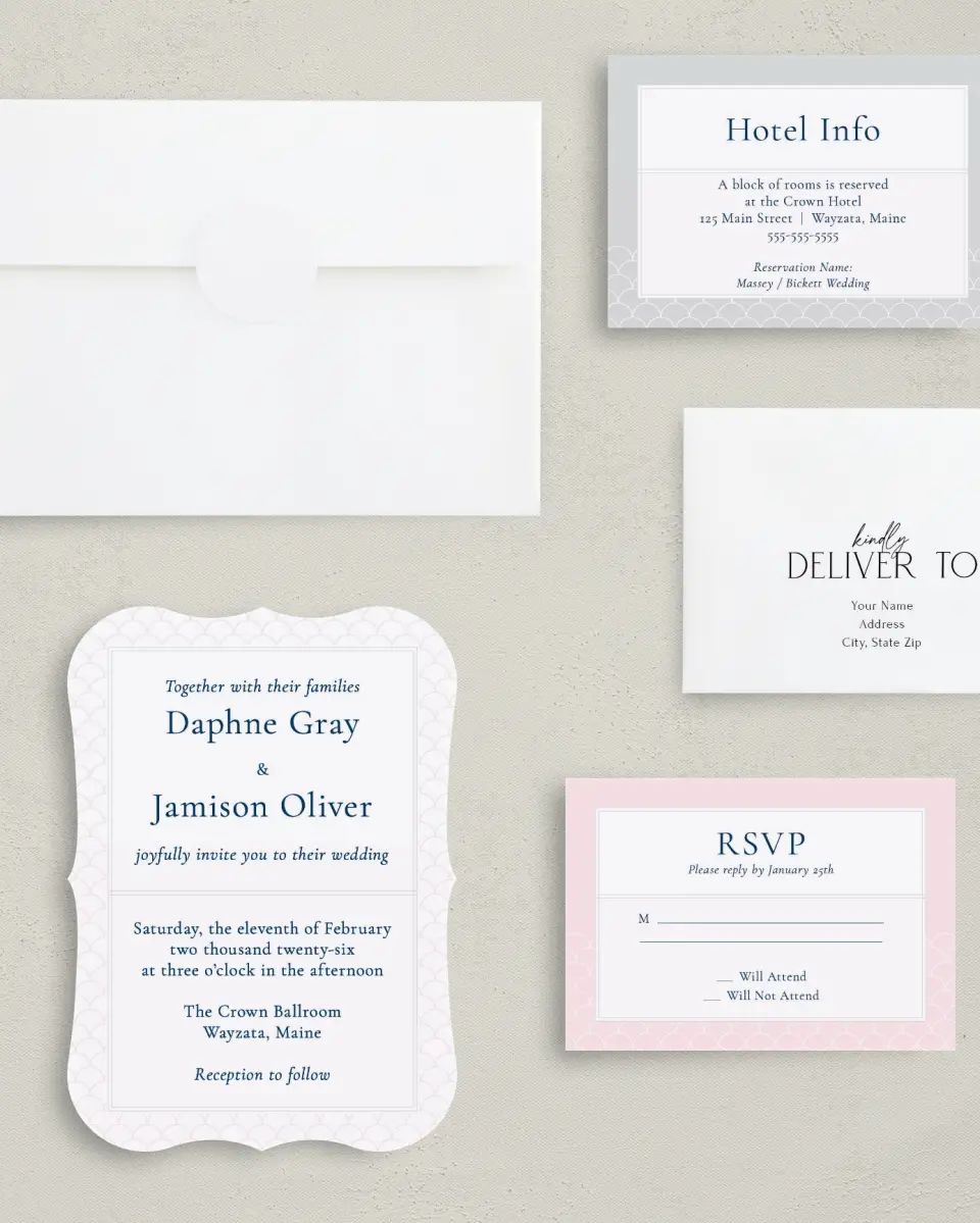 This is a 5" x 7" Bracket Wedding Invitation called Simply Scalloped printed in full color with Silver foil on Luxe Satin (coated) paper