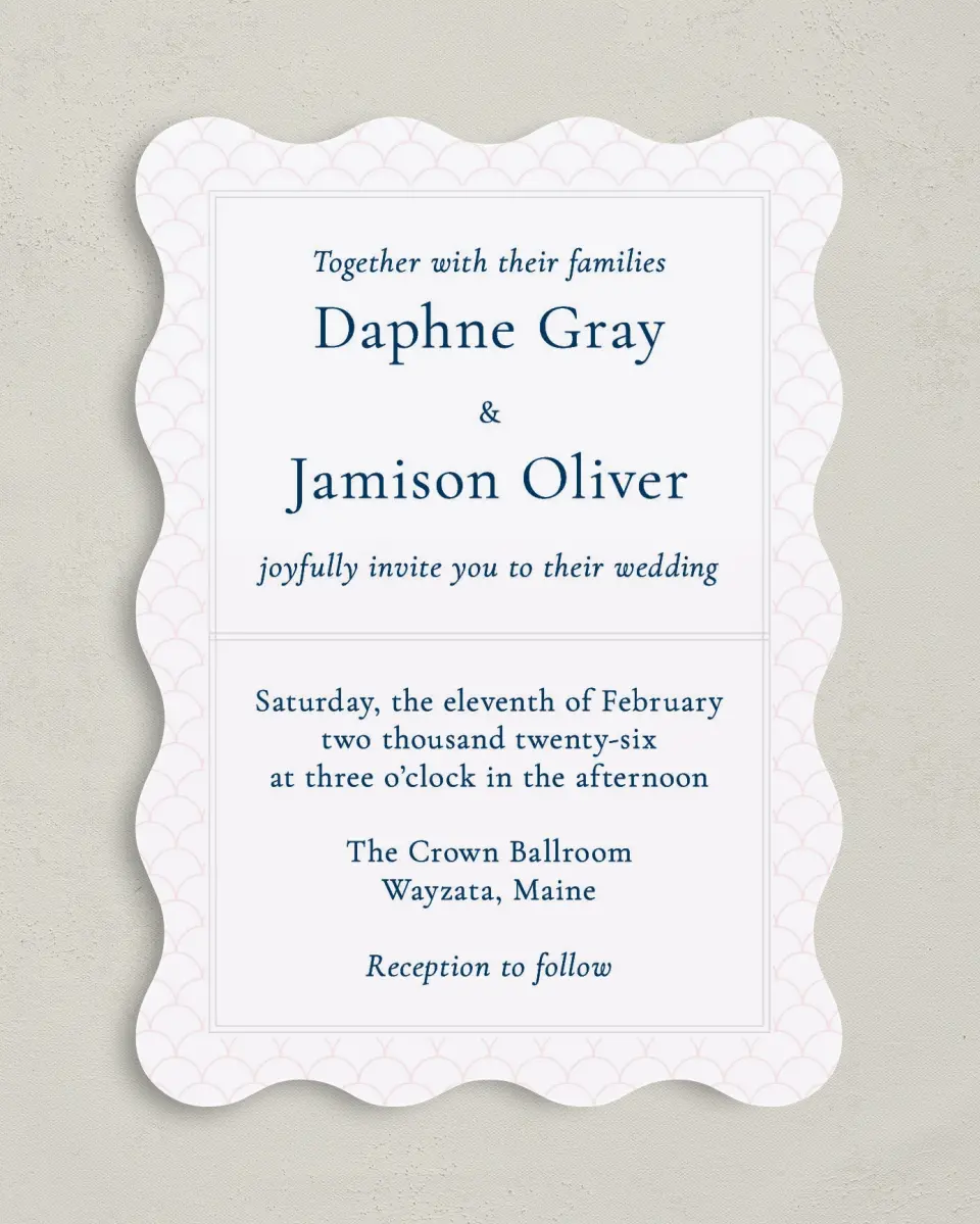 This is a 5" x 7" Wavy Wedding Invitation called Simply Scalloped printed in full color on Premium Smooth paper