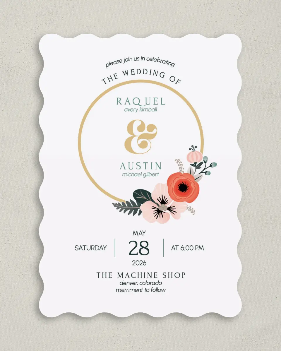 This is a 5" x 7" Wavy Wedding Invitation called Modern Wreath printed in full color on Premium Smooth paper