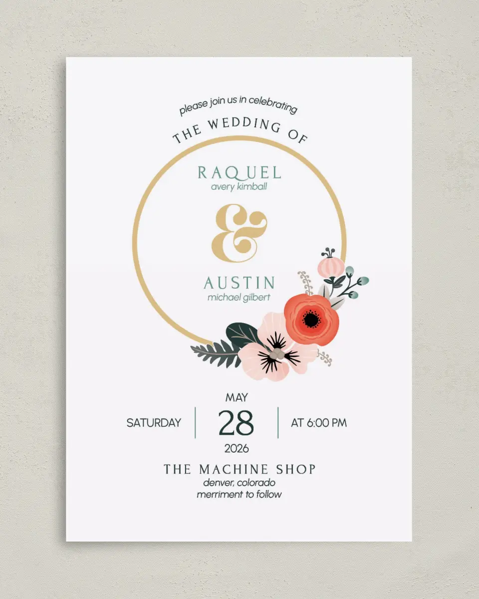 This is a 5" x 7" Classic Wedding Invitation called Modern Wreath printed in full color with Gold foil on Luxe Satin (coated) paper