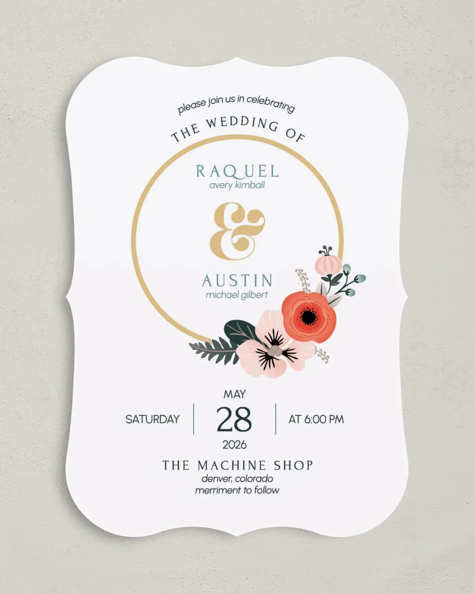 This is a 5" x 7" Bracket Wedding Invitation called Modern Wreath printed in full color with Silver foil on Luxe Satin (coated) paper