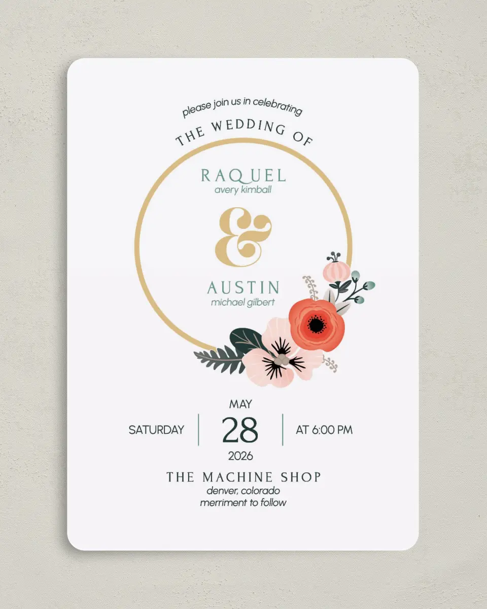 This is a 5" x 7" Rounded Wedding Invitation called Modern Wreath printed in full color on Premium Smooth paper
