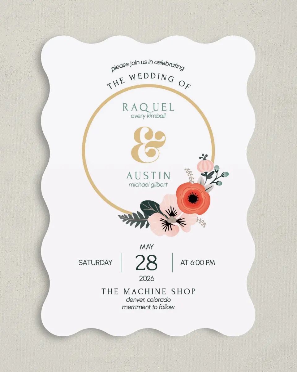This is a 5" x 7" Wavy Wedding Invitation called Modern Wreath printed in full color on Premium Smooth paper