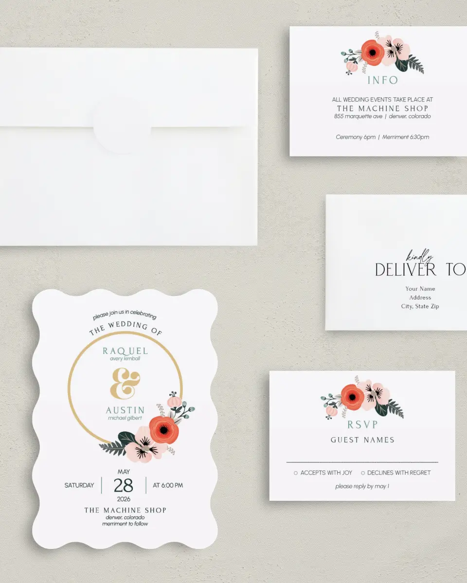 This is a 5" x 7" Wavy Wedding Invitation called Modern Wreath printed in full color with Silver foil on Luxe Satin (coated) paper