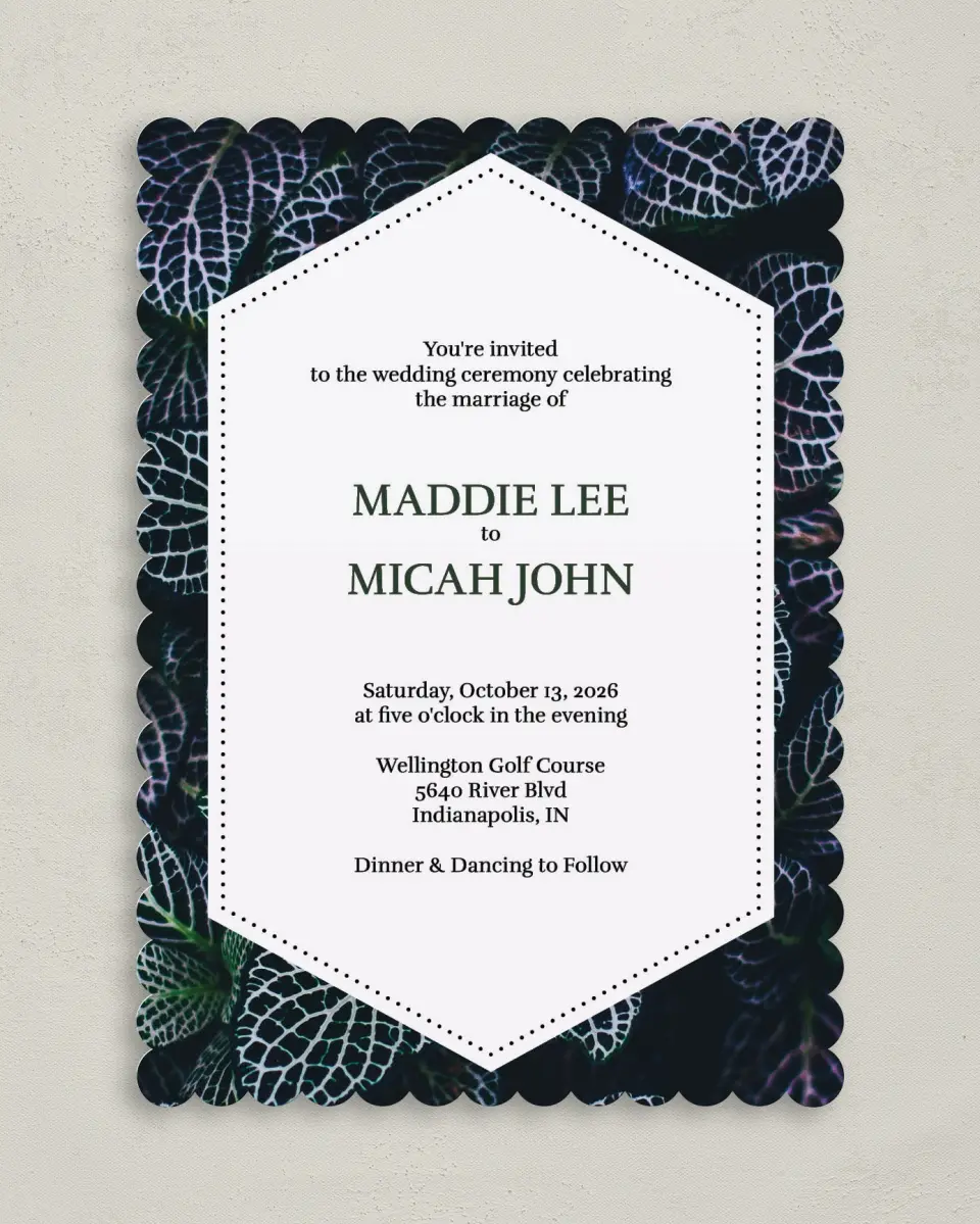 This is a 5" x 7" Classic Wedding Invitation called Enchanted Garden printed in full color on Premium Smooth paper