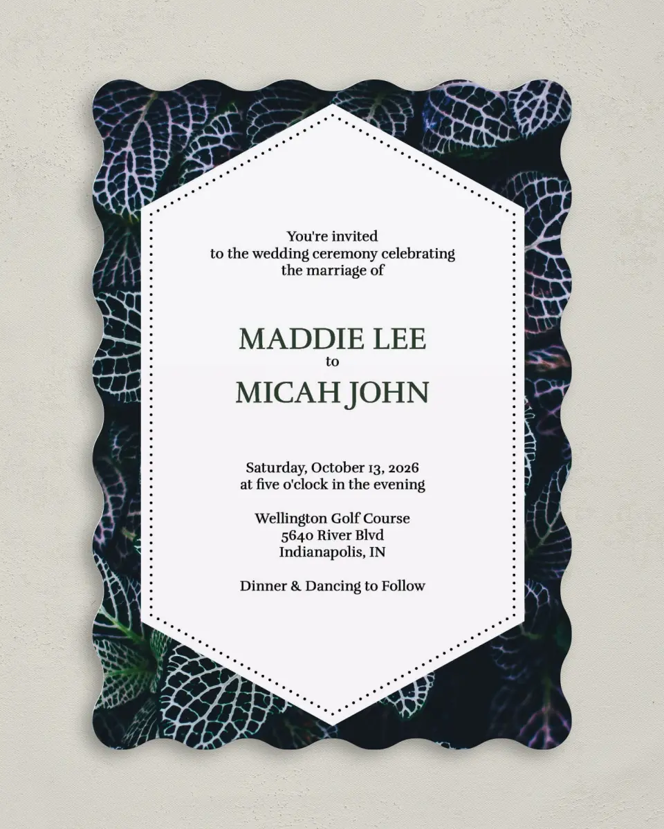 This is a 5" x 7" Wavy Wedding Invitation called Enchanted Garden printed in full color on Premium Smooth paper