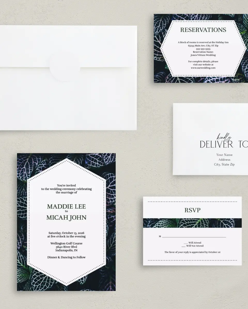 This is a 5" x 7" Classic Wedding Invitation called Enchanted Garden printed in full color with Gold foil on Luxe Satin (coated) paper