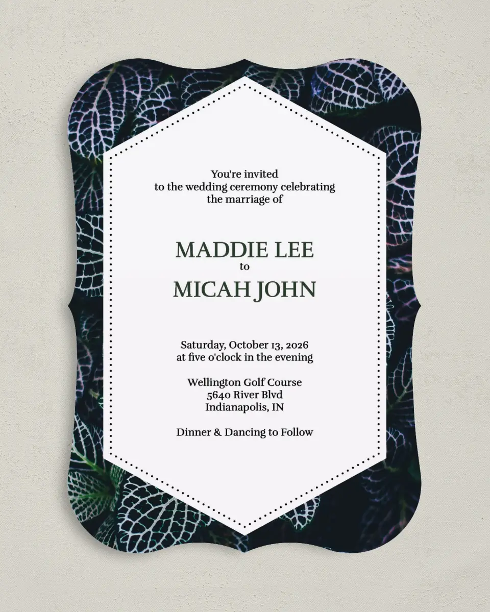 This is a 5" x 7" Bracket Wedding Invitation called Enchanted Garden printed in full color with Silver foil on Luxe Satin (coated) paper