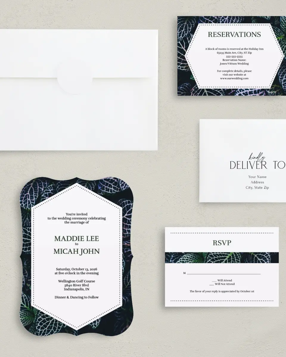 This is a 5" x 7" Bracket Wedding Invitation called Enchanted Garden printed in full color with Silver foil on Luxe Satin (coated) paper