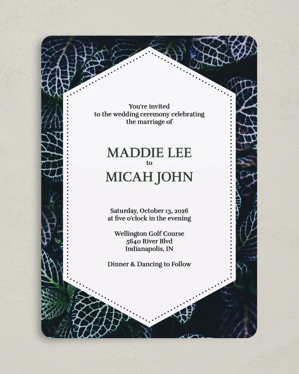 This is a 5" x 7" Rounded Wedding Invitation called Enchanted Garden printed in full color on Premium Smooth paper