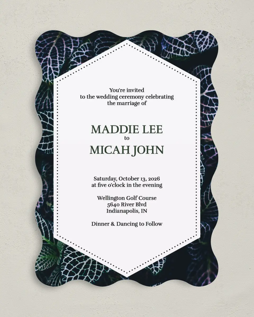 This is a 5" x 7" Wavy Wedding Invitation called Enchanted Garden printed in full color on Premium Smooth paper