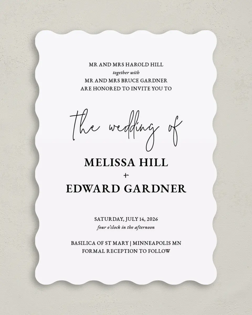 This is a 5" x 7" Wavy Wedding Invitation called Sensibly Simple printed in full color on Premium Smooth paper