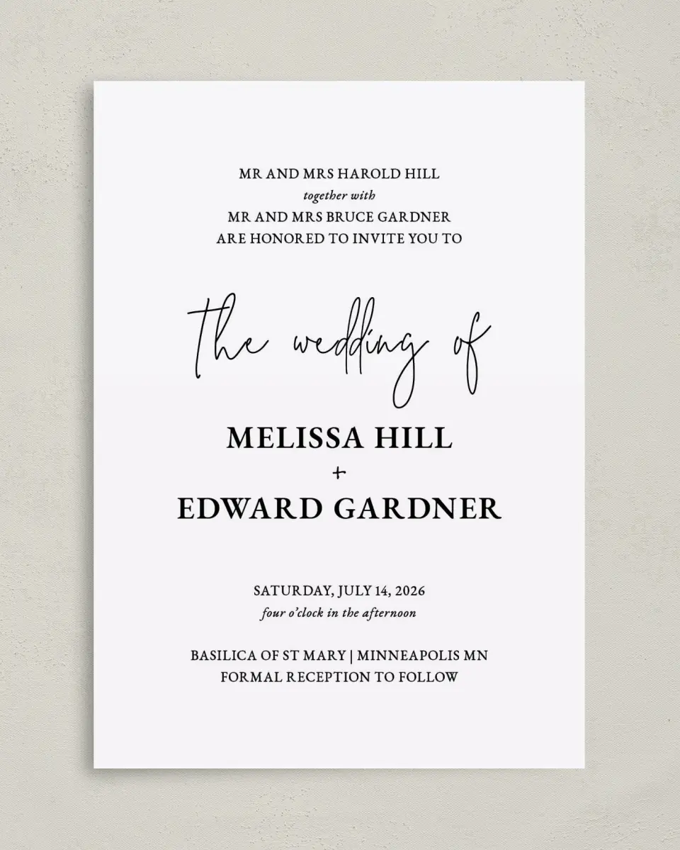 This is a 5" x 7" Classic Wedding Invitation called Sensibly Simple printed in full color on Premium Smooth paper