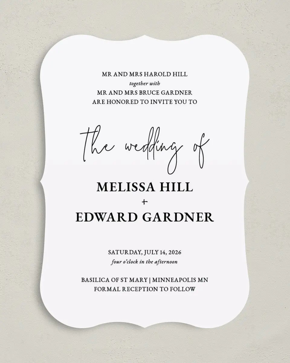 This is a 5" x 7" Bracket Wedding Invitation called Sensibly Simple printed in full color on Premium Smooth paper