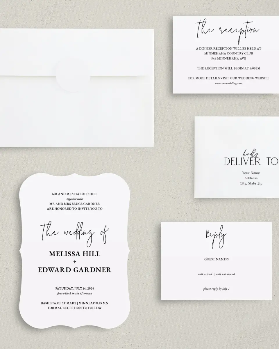 This is a 5" x 7" Bracket Wedding Invitation called Sensibly Simple printed in full color with Silver foil on Luxe Satin (coated) paper