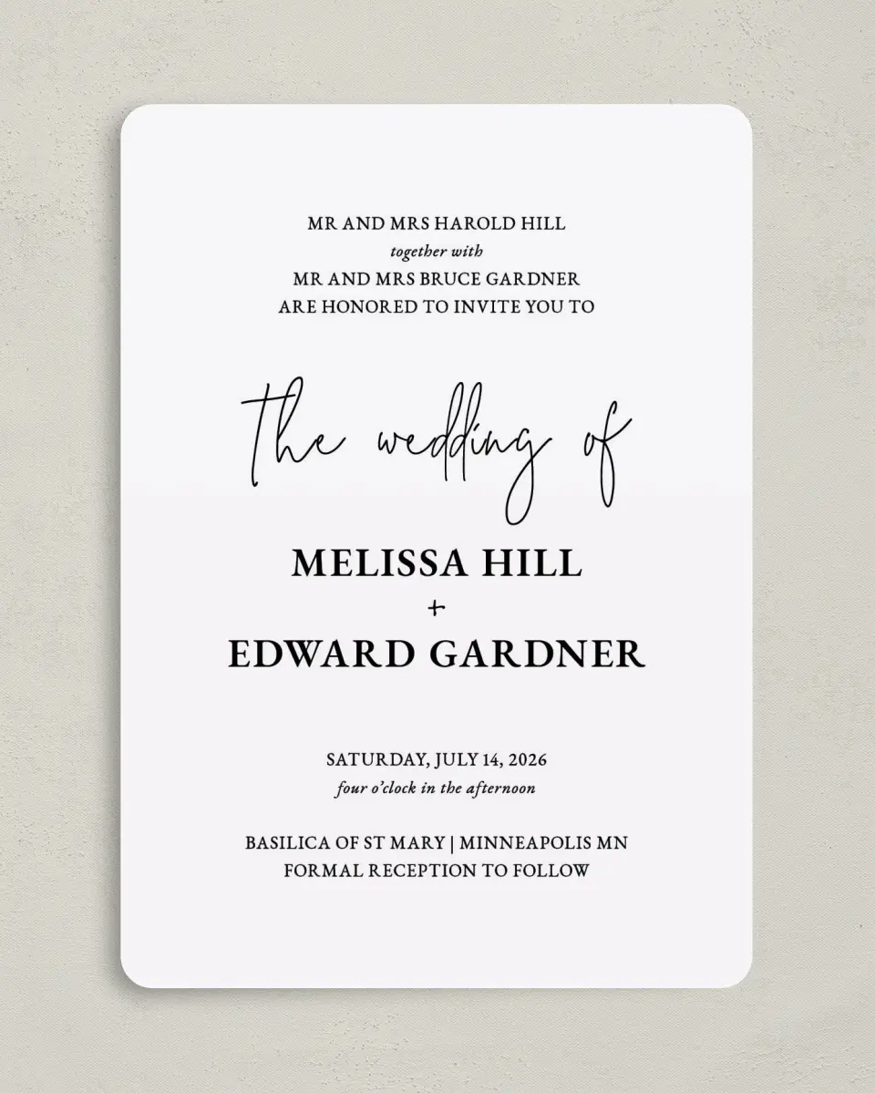 This is a 5" x 7" Rounded Wedding Invitation called Sensibly Simple printed in full color on Premium Smooth paper