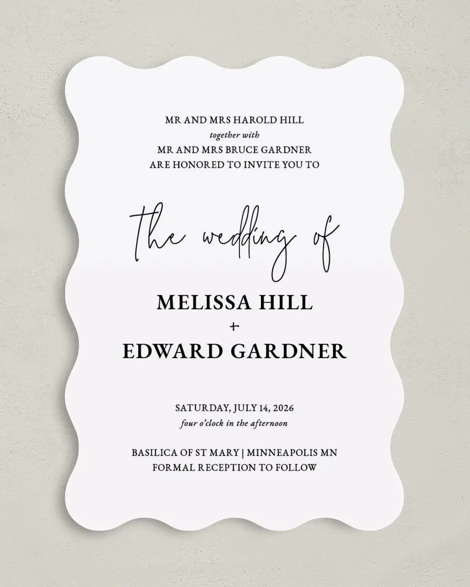 This is a 5" x 7" Wavy Wedding Invitation called Sensibly Simple printed in full color on Premium Smooth paper