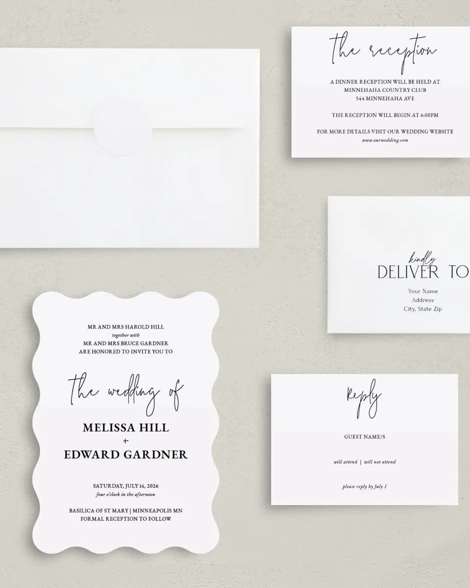 This is a 5" x 7" Wavy Wedding Invitation called Sensibly Simple printed in full color on Premium Smooth paper