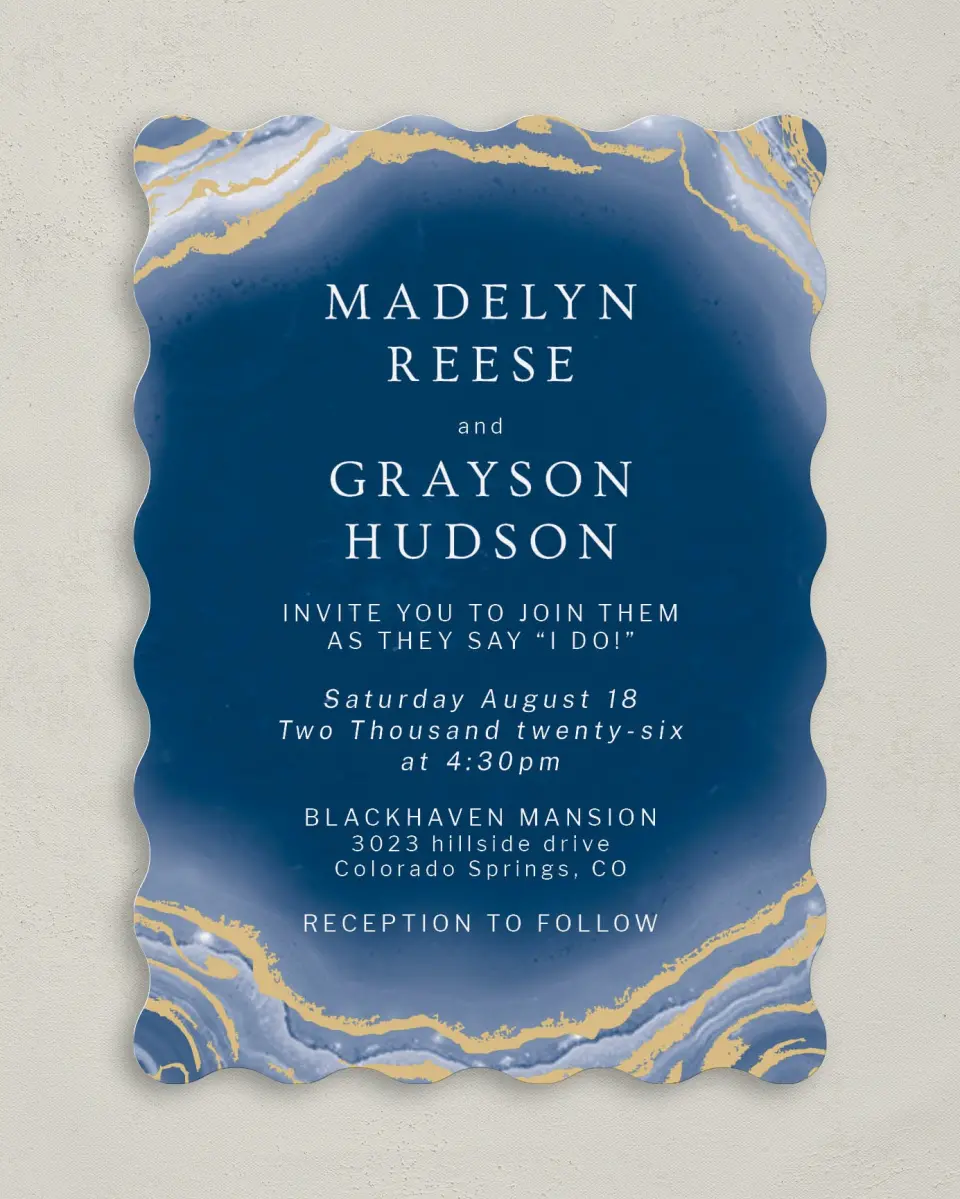 This is a 5" x 7" Wavy Wedding Invitation called Dazzling Agate printed in full color on Premium Smooth paper