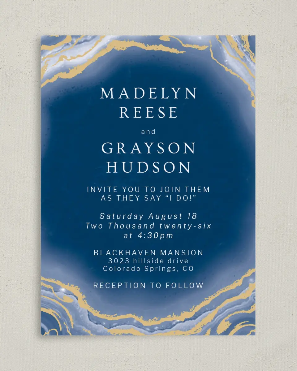 This is a 5" x 7" Classic Wedding Invitation called Dazzling Agate printed in full color on Premium Smooth paper