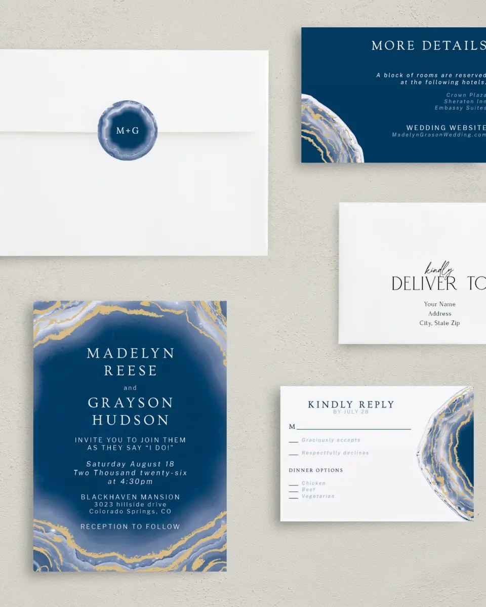 This is a 5" x 7" Classic Wedding Invitation called Dazzling Agate printed in full color on Premium Smooth paper