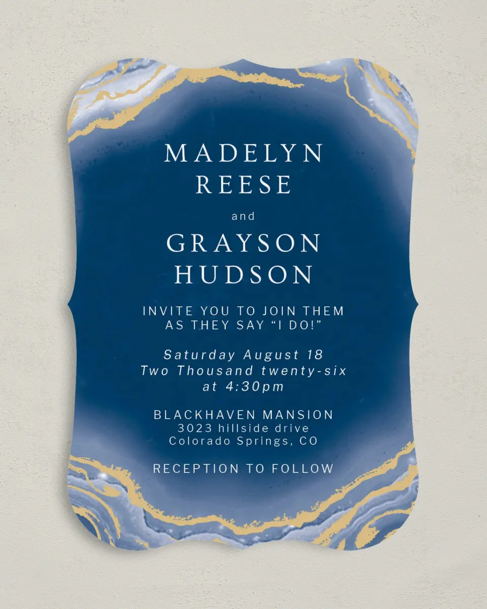 This is a 5" x 7" Bracket Wedding Invitation called Dazzling Agate printed in full color with Silver foil on Luxe Satin (coated) paper