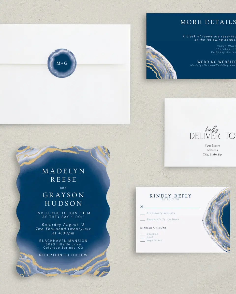 This is a 5" x 7" Wavy Wedding Invitation called Dazzling Agate printed in full color with Silver foil on Luxe Satin (coated) paper