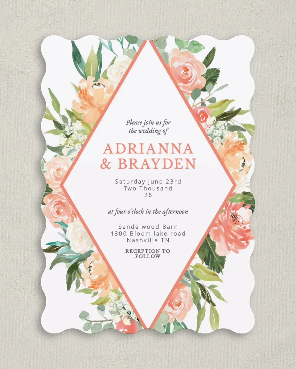 This is a 5" x 7" Wavy Wedding Invitation called Diamond Garden printed in full color on Premium Smooth paper