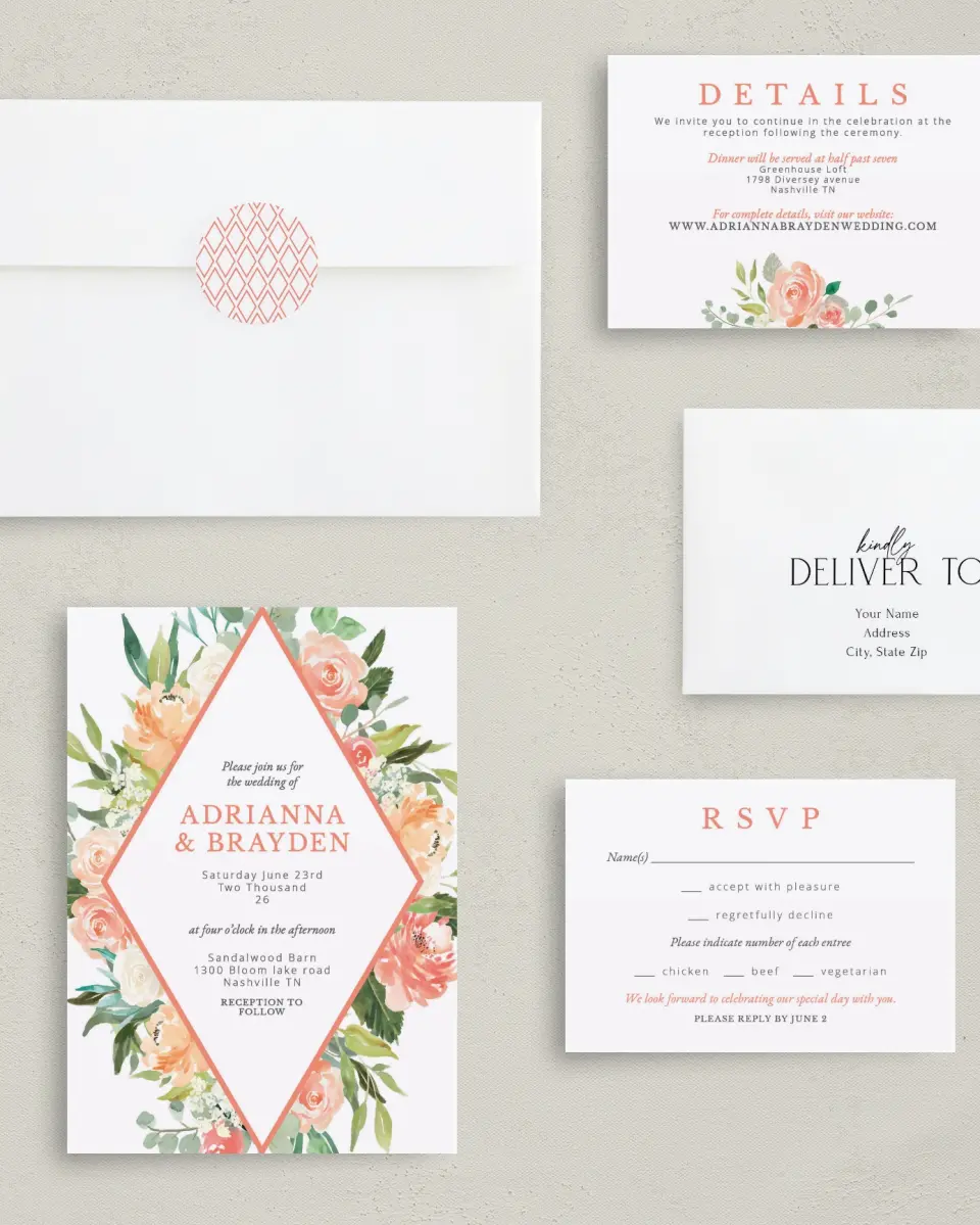 This is a 5" x 7" Classic Wedding Invitation called Diamond Garden printed in full color with Gold foil on Luxe Satin (coated) paper